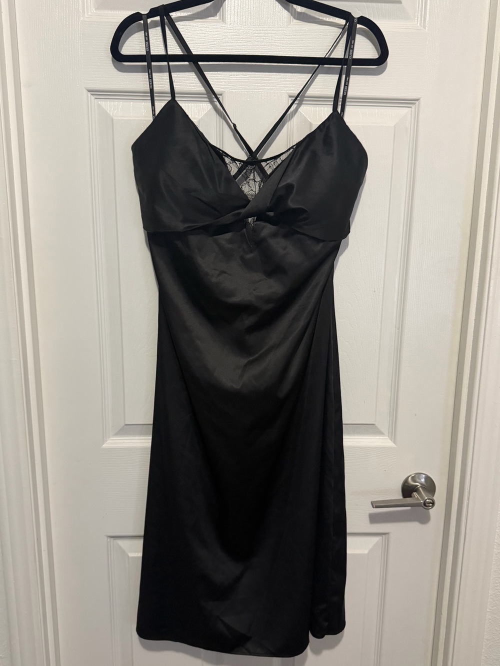 Guess Black Satin Slip Dress with Lace Trim